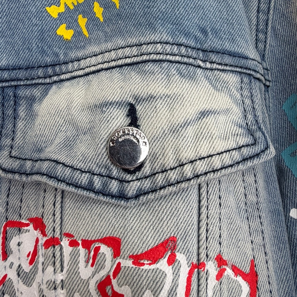 Rockstar Original Koontz Blue Jean Jacket Painted Graffiti Print Size Medium - Picture 6 of 11